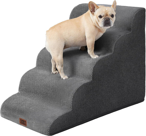 EHEYCIGA Curved Dog Stairs Ramp for 5-Step High Beds, 22.6" H Dog Steps | 33D Density of Pure Foam, for Small Dogs and Cats, Pet Stairs for High Bed Climbing, Non-Slip Balanced Pet Step Indoor, Grey31