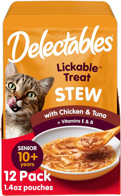Delectables Lickable Treat Stew Senior 10+ Wet Cat Treat with Real Chicken, Food Topper, Hydrating, Grain-Free, No Fillers, No By-Products, No Added Preservatives, 1.4Oz Pouch, 12Ct14