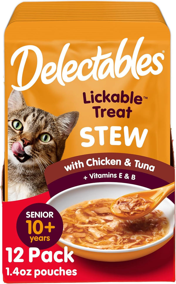 Delectables Lickable Treat Stew Senior 10+ Wet Cat Treat with Real Chicken, Food Topper, Hydrating, Grain-Free, No Fillers, No By-Products, No Added Preservatives, 1.4Oz Pouch, 12Ct14