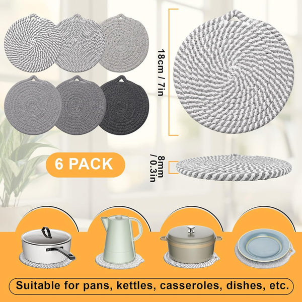 7" Trivets for Hot Dishes, 6 Pack Trivets for Hot Pots and Pans | Cotton Hot Pads for Kitchen Counter and Countertops, Trivets for Quartz Countertops Resist Heat, Scratches & Stains, Gray2