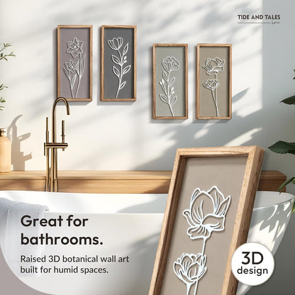 3D Framed Wall Art, Set of 4, Floral Boho Wall Decor | 7" X 16", Lightweight, Wooden, Ready-To-Hang Wall Decor for Living Room, Bathroom, Bedroom or Office, Botanical Farmhouse4