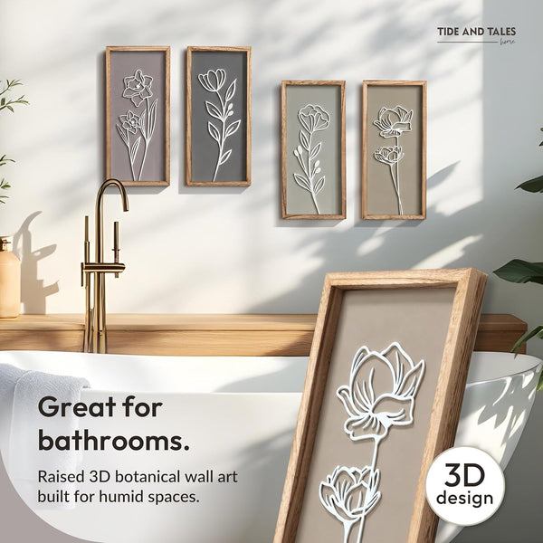 3D Framed Wall Art, Set of 4, Floral Boho Wall Decor | 7" X 16", Lightweight, Wooden, Ready-To-Hang Wall Decor for Living Room, Bathroom, Bedroom or Office, Botanical Farmhouse4