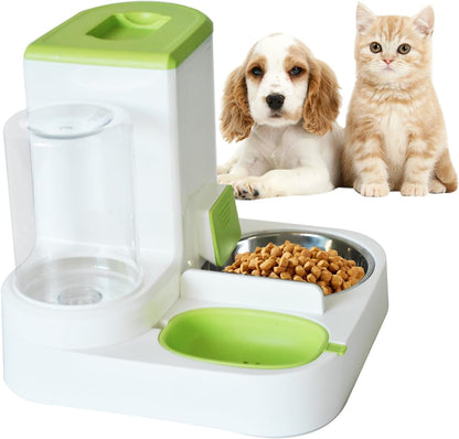 2 in 1 Automatic Cat Feeder & Water Dispenser,Gravity Pet Feeder Stainless Steel Food Water Bowl All-In-One Large Capacity Self Feeding for Cats Dogs Small Medium Pets(Green)1
