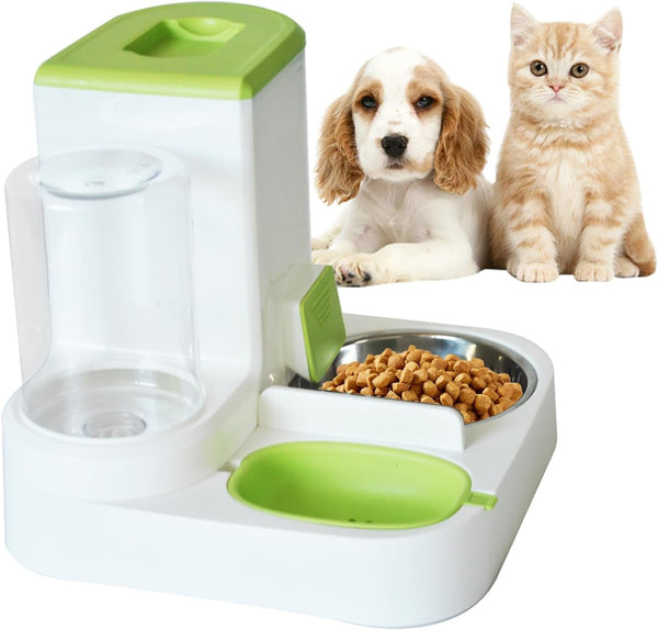 2 in 1 Automatic Cat Feeder & Water Dispenser,Gravity Pet Feeder Stainless Steel Food Water Bowl All-In-One Large Capacity Self Feeding for Cats Dogs Small Medium Pets(Green)1