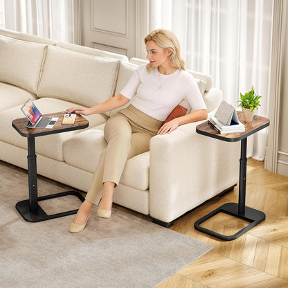 Adjustable Height C-Shaped End Table, 9-Level Side Table with Thickened Metal Rounded Edge, Couch Table Slides under Sofa or Bed, Eating, Working, TV Tray Table for Small Spaces, Brown2
