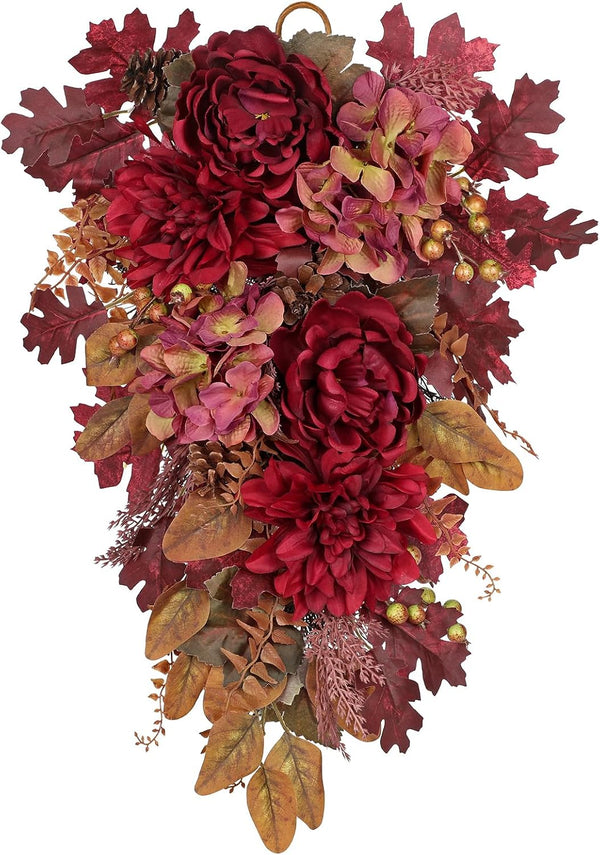 24" Fall Swag Fall Swags for Front Door Decorating Teardrop Swag with Red Hydrangea Peonies Dahlia Handmade Fake Autumn Wreath Outdoor Indoor Halloween Farmhouse Harvest Decorations for Home1