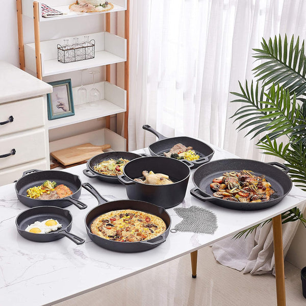 8 Piece Cast Iron Cookware Set - Pre-Seasoned Pots and Pans Set with Cast Iron Skillets, Grill Pan, Dutch Oven, Pizza Pan, and Scrubber - Heavy Duty Cooking for Home Kitchen or Camping3