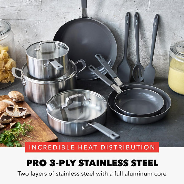 X Bobby Flay Stainless Steel 12 Piece Cookware Pots & Pans Set, Professional Grade Tri-Ply, Multiclad, Pfas-Free Ceramic Nonstick, Induction Suitable, Dishwasher & Oven Safe,Stay Cool Handles3
