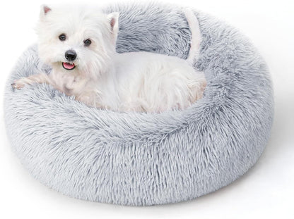Calming round Dog Bed & Cat Bed for Indoor Cats, Medium Size Washable Anti-Slip Anti-Anxiety Donut Dog Beds for Small Dogs & Cats, Fluffy Plush Soft Dog Bed(20 Inch, Light Grey)1