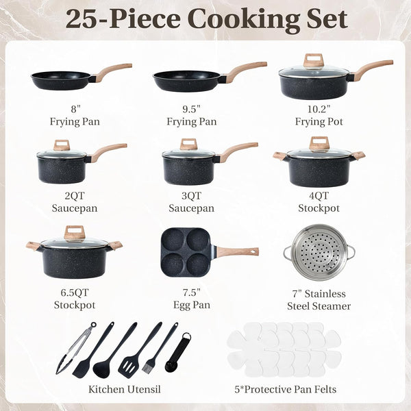 Pots and Pans Set, 25 Pcs Nonstick Kitchen Cookware Set, Induction Kitchen Cooking, Non-Toxic Frying Pans & Saucepans (PFOA/PFOS Free) Black6