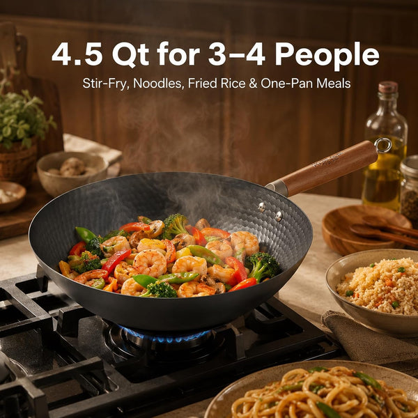 Lightweight Carbon Steel Wok Pan with Lid, 12.6" Flat Bottom Stir Fry Wok for Induction, Electric & Gas Stoves, 2.9 Lb Wok Body, Pre-Seasoned Nitrided Wok, No Chemical Coating3