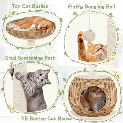Yaheetech Cat Tree, 29.5In Rattan Cat Tower for Indoor Cats W/Scratching Post, Woven Cat Condo and Soft Cushion Top Perch, Aesthetic Cat Tree for Kittens | Boho PE Rattan Tower with a Hideaway Cubby and Top Window Perch, Fits Small Spaces and Corners as Decor, Assembles in Minutes3