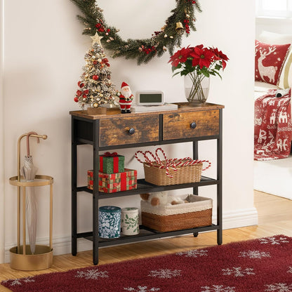 29.5" Narrow Console Table with 2 Fabric Drawers, Sofa Table, Small Entryway Table with 3-Tier Storage Shelves, behind Couch Table, for Living Room, Hallway, Rustic Brown and Black BF72XG014