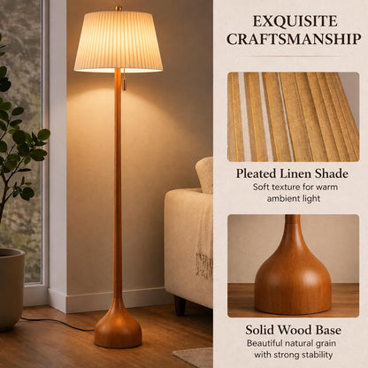 Mid Century Modern Real Wood Floor Lamp with 2 Shades for Two Looks | 65" Tall,Sculptural Teardrop Base,Wooden Pull Chain,Vintage Standing Lamp,Linen Shades,Living Room,Bedroom, Bulb Included8
