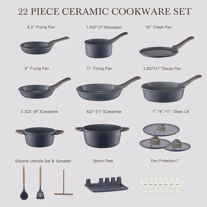 22Pcs Nonstick Pots and Pans Set, Ceramic Cookware Set Non Toxic | Pfas-Free Healthy, Induction Compatible, Dishwasher & Oven Safe, Space Saving, RV Camping Kitchen Cooking Set, Gray2