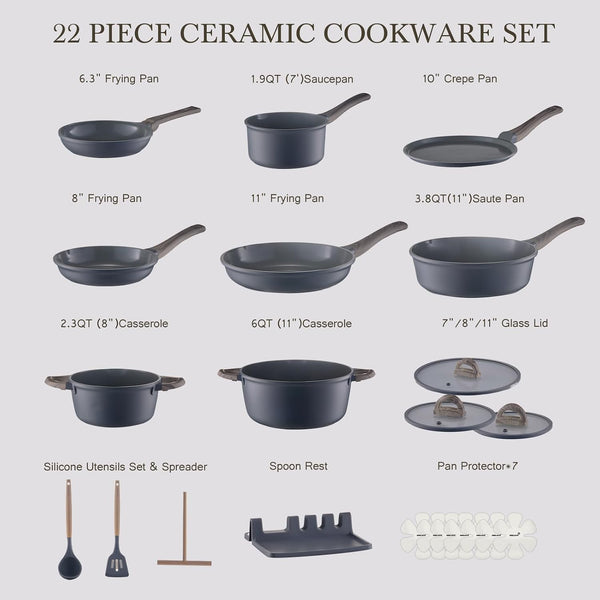 22Pcs Nonstick Pots and Pans Set, Ceramic Cookware Set Non Toxic | Pfas-Free Healthy, Induction Compatible, Dishwasher & Oven Safe, Space Saving, RV Camping Kitchen Cooking Set, Gray2