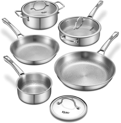 Titanium Pans for Cooking Non Stick with Lid,8Pcs Uncoated Hammered Titanium Pro Frying Pan, PFAS Free Cookware, Butter Warmer Skillet, Induction & Oven-Safe1