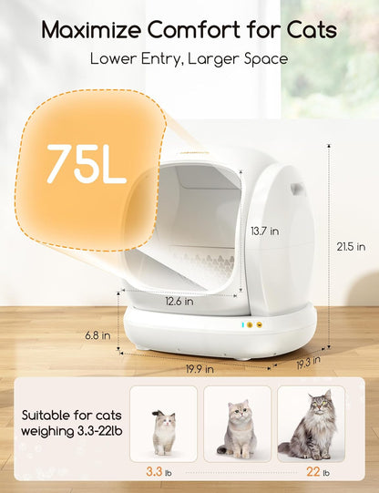 Meowant Self-Cleaning Cat Litter Box, 75L Extra Large Open Automatic Cat Litter Box for Multi Cats, Integrated Safety Protection/App Control/Odor Removal Smart Box with Mat & Liner7