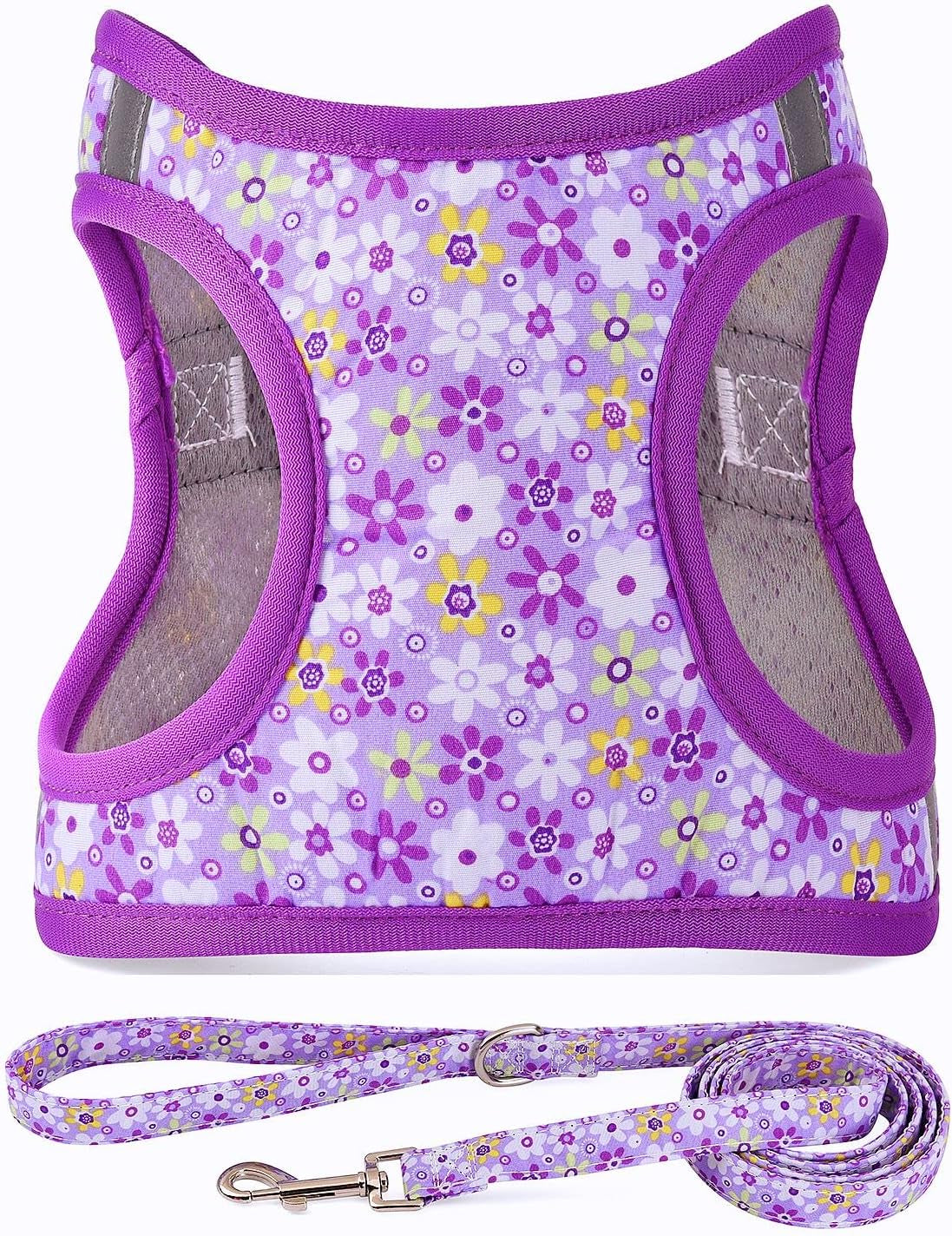 step-in-dog-harness-leash-set-all-weather-reflective-no-pull-floral-pattern-padded-mesh-vest-harness-for-cats-puppy-extra-small-small-medium-large-dogs-pink-flower-s