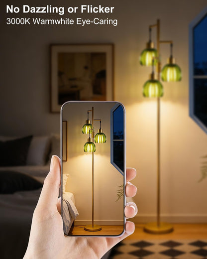 Glass Floor Lamp Green Lotus Flower Shade Dimmable Gold Floor Lamp | 3000K Bulbs Included 3-Light Modern Tall Floral Standing Lamp with 5Lbs Heavy Base for Living Room/Bedroom/Sofa Beside/Decor7