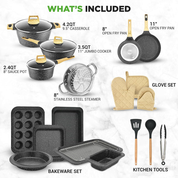 22 Pc Cookware and Bakeware Set, Multi Sized Non Stick Pans Set | PFOA/ PFOS Free, High Quality Aluminum, Includes Fry Pans, Utensils, Gass Lids, Induction, Gas & Electric Cooktops Compatible2