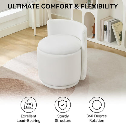 Velvet Vanity Chair with Storage, 360° Swivel Makeup Chair with Wave Back, No Assembly Small Accent Stool for Bedroom, Dressing, Living Room, White7