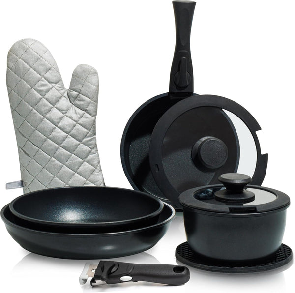 10Pcs Nonstick Cookware Pans with Removable Handles, Space Saving Pots and Pans with Removable Handles, RV Pots and Pans Set for Camping, Oven and Induction Ready1