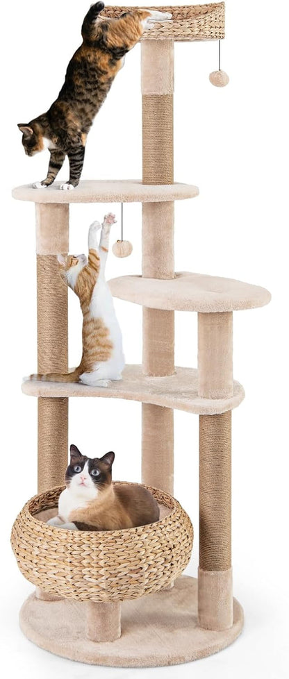PETSITE 65-Inch Cattail Cat Tree Tower, Multi-Level Cat Tower with Natural Jute Scratching Posts, Cat Bed, Top Perch, Dangling Balls and Jumping Platforms, Modern Tall Cat Tree for Indoor Cats1
