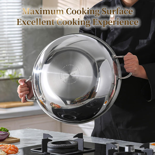 Tri-Ply Stainless Steel Wok Pan with Lid 14Inch, Healthy Non-Toxic Flat Bottom Induction Wok, Stir Fry Pan for Glass Top Stove up to 600℉(Not Including Lid3