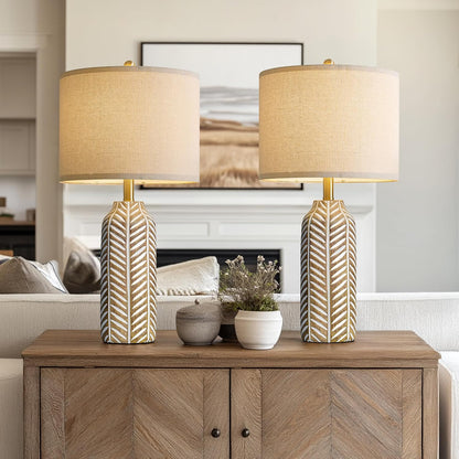 26" Farmhouse Table Lamps Set of 2 - Vintage Leaf Design, Rustic Resin Nightstand Lamps for Bedroom, Living Room, Nursery, Hallway, Elegant Living Room Lamps with Linen Shades Antique Brown2