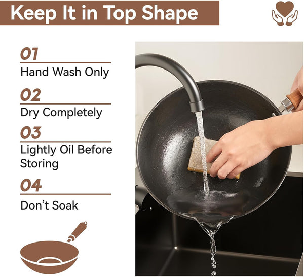 9.5 Inch Small Cast Iron Wok with Lid - Handcrafted Tortoise Shell Texture Uncoated Stir Fry Pan, Flat Bottom Wok for Electric, Induction & Gas Stoves, 2.5 Quart (Requires Seasoning)6
