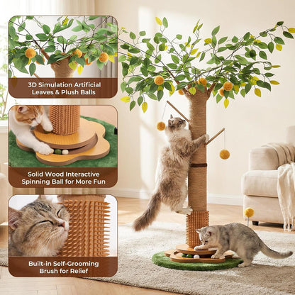 41" Tall Cat Scratching Post for Large Cats - XL Sturdy Cat Scratching Post with Solid Wood Base, Sisal Rope Scratching Posts for Indoor Cats Adults with Self-Grooming Brush, 4 Detachable Hanging Toys4