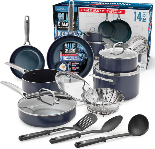 14 Piece Cookware Set, Diamond Infused PFAS & Pfoa-Free Ceramic Nonstick Pots and Pans, Durable, Non Toxic, Metal Utensil Safe & Scratch Resistant, Dishwasher & Oven Safe, Blue | Pfas-Free Diamond Infused Ceramic Nonstick, Metal Utensil Safe, Dishwasher & Oven Safe to 600F, Skillets, Sauce, Stockpot1