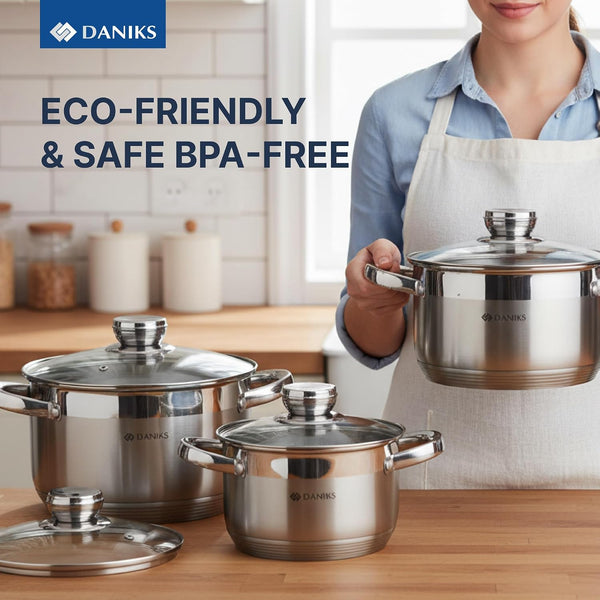 Standard 6-Piece Stainless Steel Cookware Set with Glass Lid, Tri-Ply Bases for Even Heating, Induction Compatible, Dishwasher Safe, Built-In Measuring Scale, Silver8