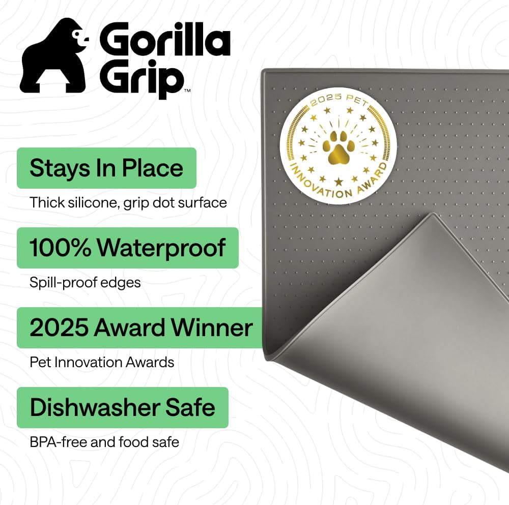 gorilla-grip-100-waterproof-raised-edge-bpa-free-silicone-pet-feeding-mat-dog-cat-food-mats-contain-spills-protects-floors-placemats-for-cats-and-dogs-water-bowl-18-5x11-5-gray