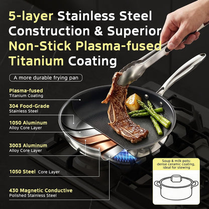 13Pcs Nonstick Pots and Pans Set Stainless Steel Cookware Sets | Hybrid Titanium Non Stick Frying Pans, Saucepans, Saute Pan & Stock Pot, PFOA Free Kitchen Skillet, Induction Compatible3