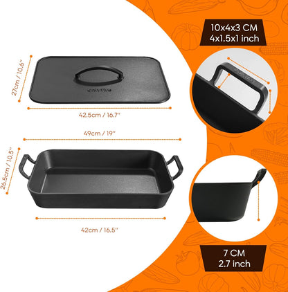 Cast Iron Dutch Oven Casserole Dish, 16.5"X10.5"X7" | with Skillet Lid & Handle, for Induction, Gas Oven, Baking Pan Griddle Pot Set for Stewing, Searing and Bread Baking2