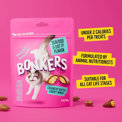 Bonkers Bites Seafood & Eat It Flavor Crunchy & Soft Treats for Cats, 3Oz Bag (Pack of 10)5