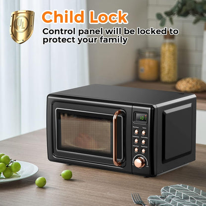 Retro Microwave 0.7Cu.Ft, 700 Watt Countertop Microwave | 5 Micro Power Defrost & Auto Cooking Function, LED Display, Child Lock, Small Microwave for Kitchen, RV, Dorm (Golden)5