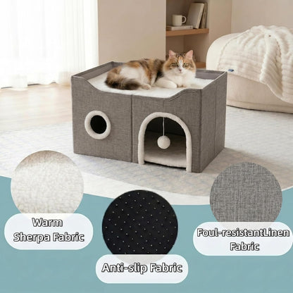 Eolahalcy Cat Beds for Indoor Cats - Large Cat Cave for Pet Cat House with Fluffy Ball Hanging and Scratch Pad, Foldable Cat Houses for Large Indoor Cats,Cat Hideaway, 23.8X15.9X13.2 Inches, Grey6