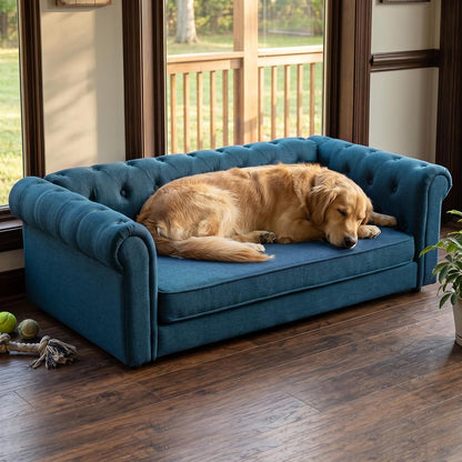 Elevated XL Large Dog Sofa with Backrest and Armrests, 55" Button Tufted Dog Couch Bed with Soft Cushion for Large Dogs, Stylish Lounging Bed Pet Couch Chair, 120Lbs Weight Capacity, Beige11