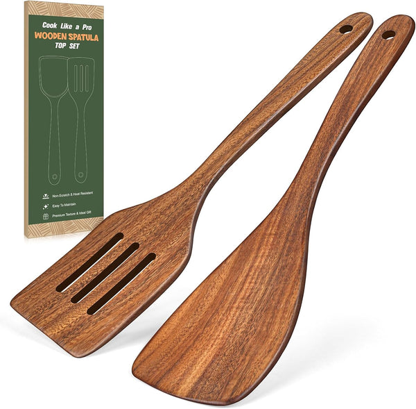 2Pcs Wooden Spatula, Acacia Wooden Spatula for Kitchen Use, Nonstick Cookware Safe Utensils Set Including Turner and Slotted Turner, Ideal Cooking Utensils Gift Set for Cooking, Frying, Baking1