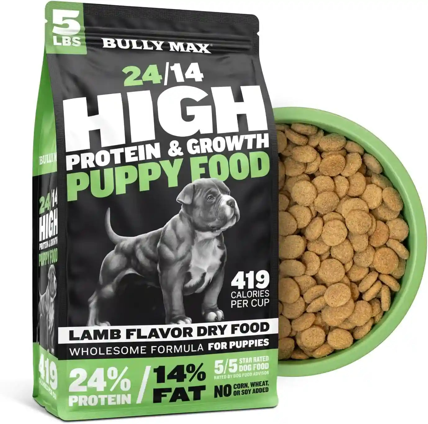 bully-max-puppy-food-24-14-high-protein-growth-formula-dry-dog-food-with-lamb-and-rice-for-small-and-large-breed-puppies-chicken-free-419-cal-cup-sensitive-stomach-kibble-5-lb-bag