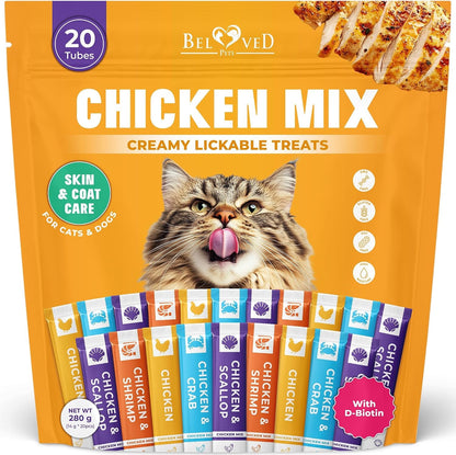 Beloved Pets Creamy Lickable Cat Treats & Wet Food Squeeze Tubes – Liquid Kitten Snacks, Skin & Coat Health, Multivitamin Treats for Cats, & Small Dogs, Lick up Chicken Mix (40 Sticks)9