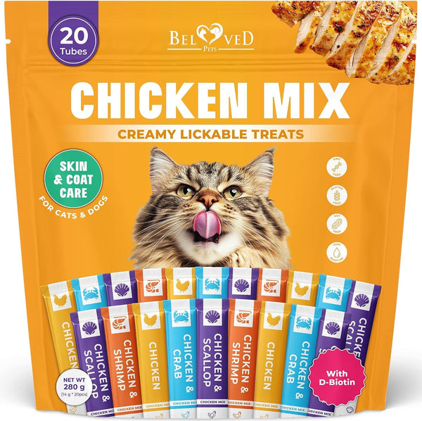 Beloved Pets Creamy Lickable Cat Treats & Wet Food Squeeze Tubes – Liquid Kitten Snacks, Skin & Coat Health, Multivitamin Treats for Cats, & Small Dogs, Lick up Chicken Mix (40 Sticks)9