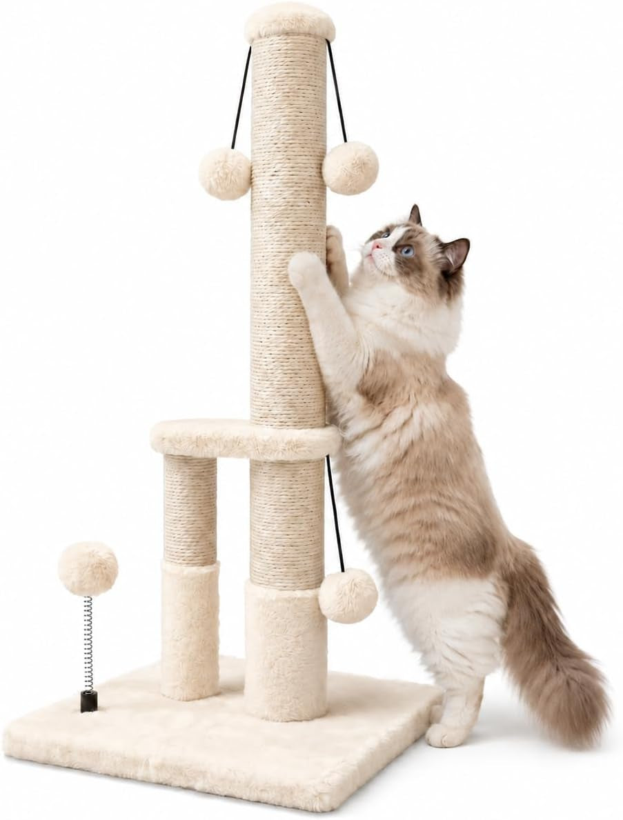 dimaka-tall-cat-scratching-post-double-lower-posts-extra-stable-cat-post-tree-scratcher-with-sisal-rope-and-teasing-4-balls-total-large-base-grey