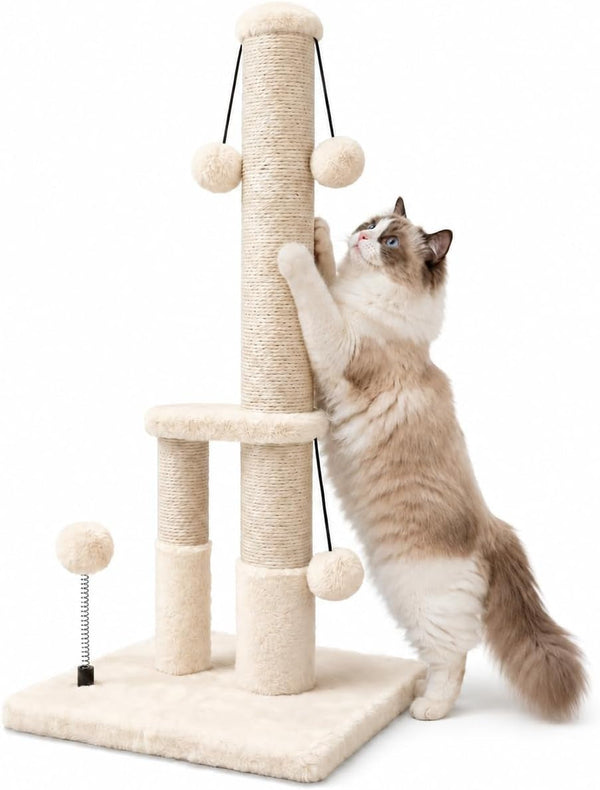 Dimaka Tall Cat Scratching Post, Double Lower Posts Extra Stable Cat Post Tree Scratcher with Sisal Rope and Teasing 4 Balls Total Large Base (Grey)10