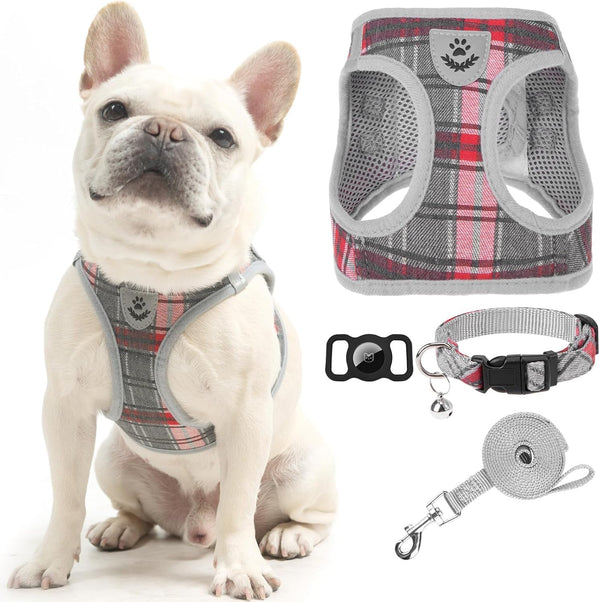EXPAWLORER Plaid Small Dog Harness and Leash Set with Airtag Holder - No Pull Soft Padded Step in Dog Vest Harness Medium Sized Dog, Reflective Puppy Harness, Collar and Leash for Walking, Khaki S10
