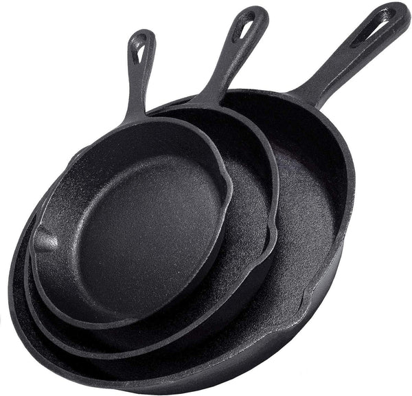 Cast Iron Skillet 3-Piece Set W/Cookbook - Heavy-Duty Professional Restaurant Chef Quality Pre-Seasoned Pan Cookware - 10", 8", 6.25" Pans - for Frying, Saute, Cooking, Pizza - Black1