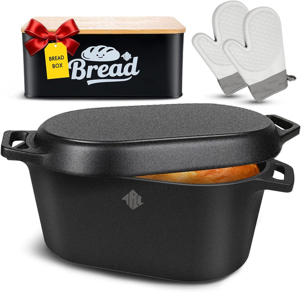 ARC Dutch Oven for Bread Baking Includes Bread Box & Heat-Resistant Oven Mitts, 3.6QT Oval Cast Iron Bread Loaf Pan with Lid, Bread Oven for Sourdough, Sourdough Starter Kit1